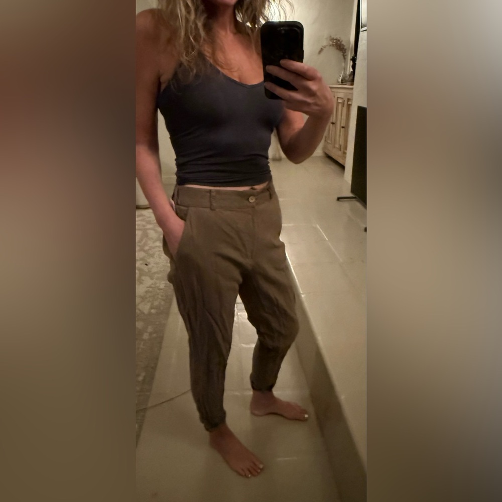 Dear Deer 100% Linen Brown Tapered Cropped Trousers Relaxed Low Rise Pants L - Picture 2 of 11